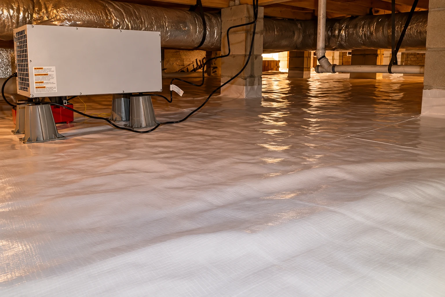 Crawl space with a sealed floor membrane, ductwork, and a large ventilation unit.