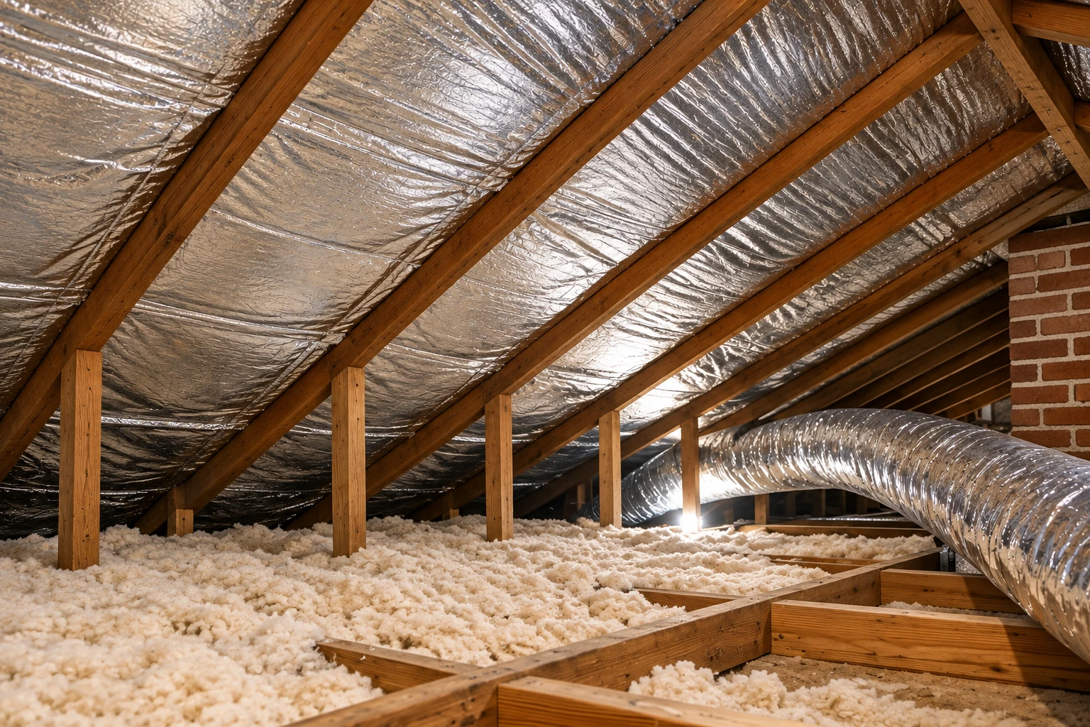 An attic has reflective foil lining the roof rafters, blown-in insulation on the floor, and a large insulated duct.