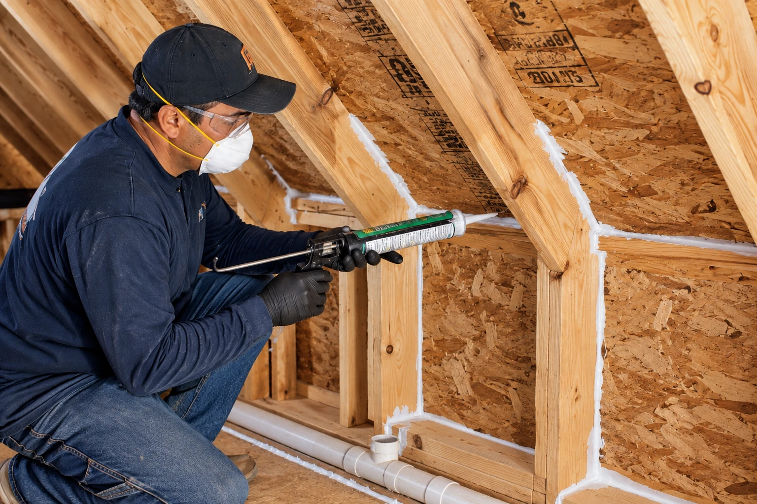 Worker applies sealant along joints in an unfinished attic roof frame using a caulking gun.