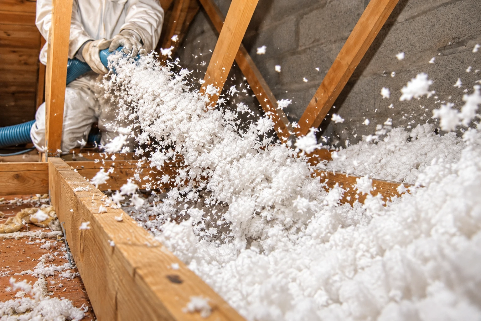 Loose-fill insulation being blown across an attic floor from a hose held by a partially visible worker.