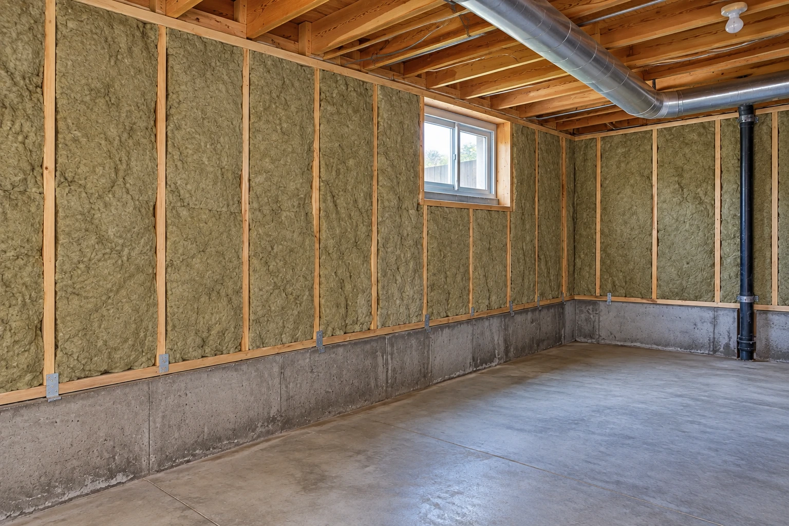 Basement with fiberglass insulation fitted between wall studs above a concrete foundation.