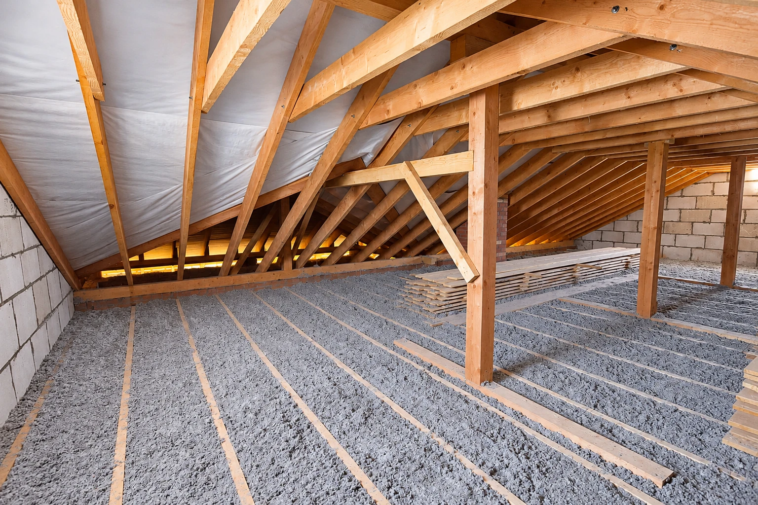 Loose gray blown-in insulation covers an attic floor beneath exposed wooden roof trusses.