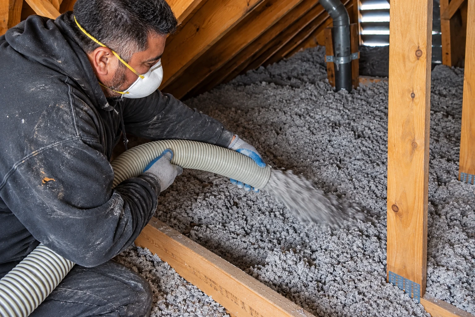 A masked worker directs a hose to spread loose-fill insulation across an attic floor.