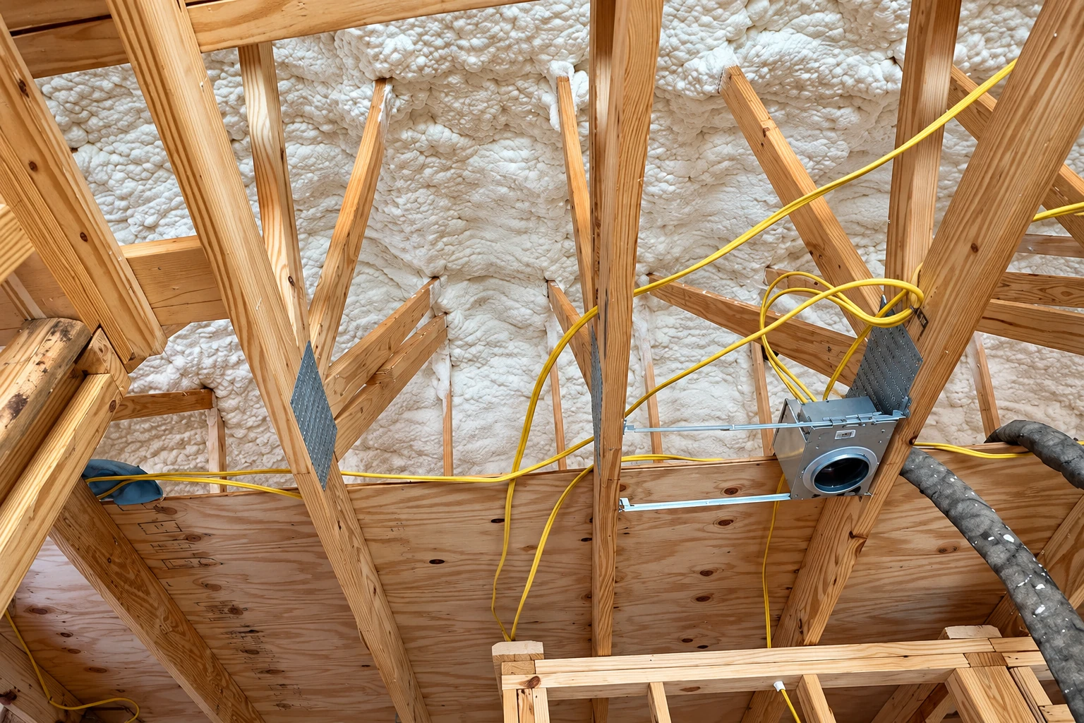 Wooden roof framing filled with white spray foam, with yellow wiring and a metal duct opening.