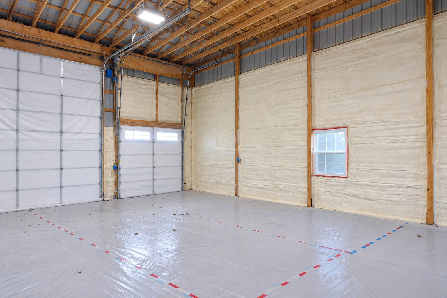 Large commercial garage interior with white spray foam covering the walls between wooden framing and metal roof panels.