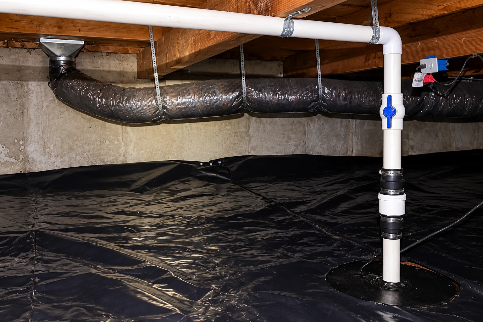 Crawl space with a black floor vapor barrier, suspended ductwork, and a white pipe with a blue valve.