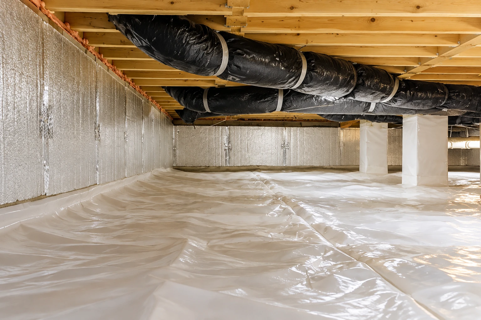 A crawl space has reflective insulation on its walls, plastic sheeting across the floor, and insulated ducts overhead.