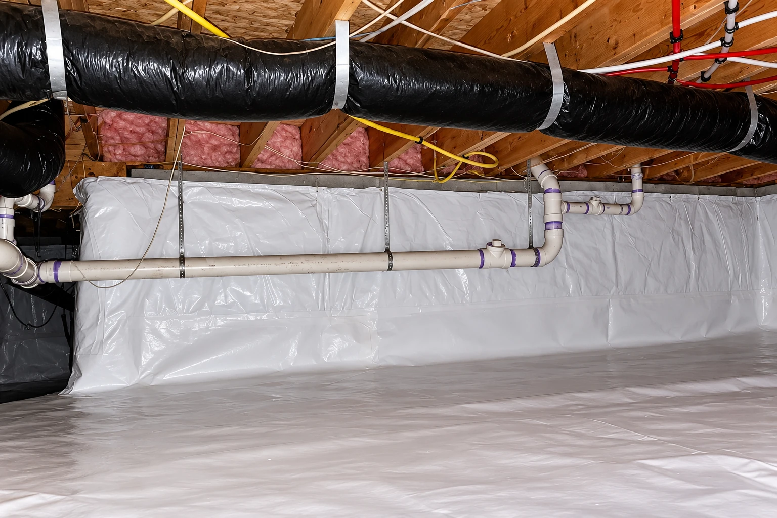 A crawl space has white vapor-barrier sheeting on its floor and walls beneath exposed pipes and a large black duct.