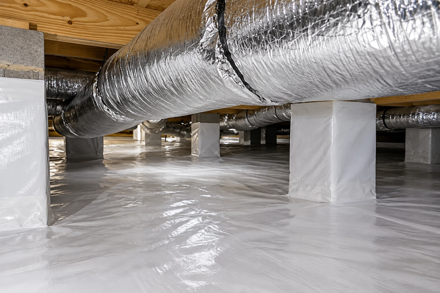 Crawl space with a white vapor barrier covering the floor and support piers, beneath large foil-wrapped ducts.