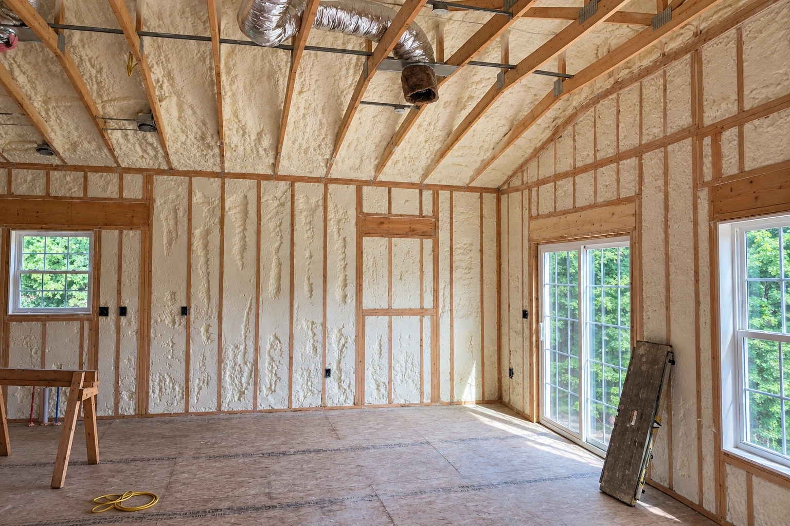 An unfinished room has exposed wood framing filled with pale spray foam insulation on its walls and sloped ceiling.