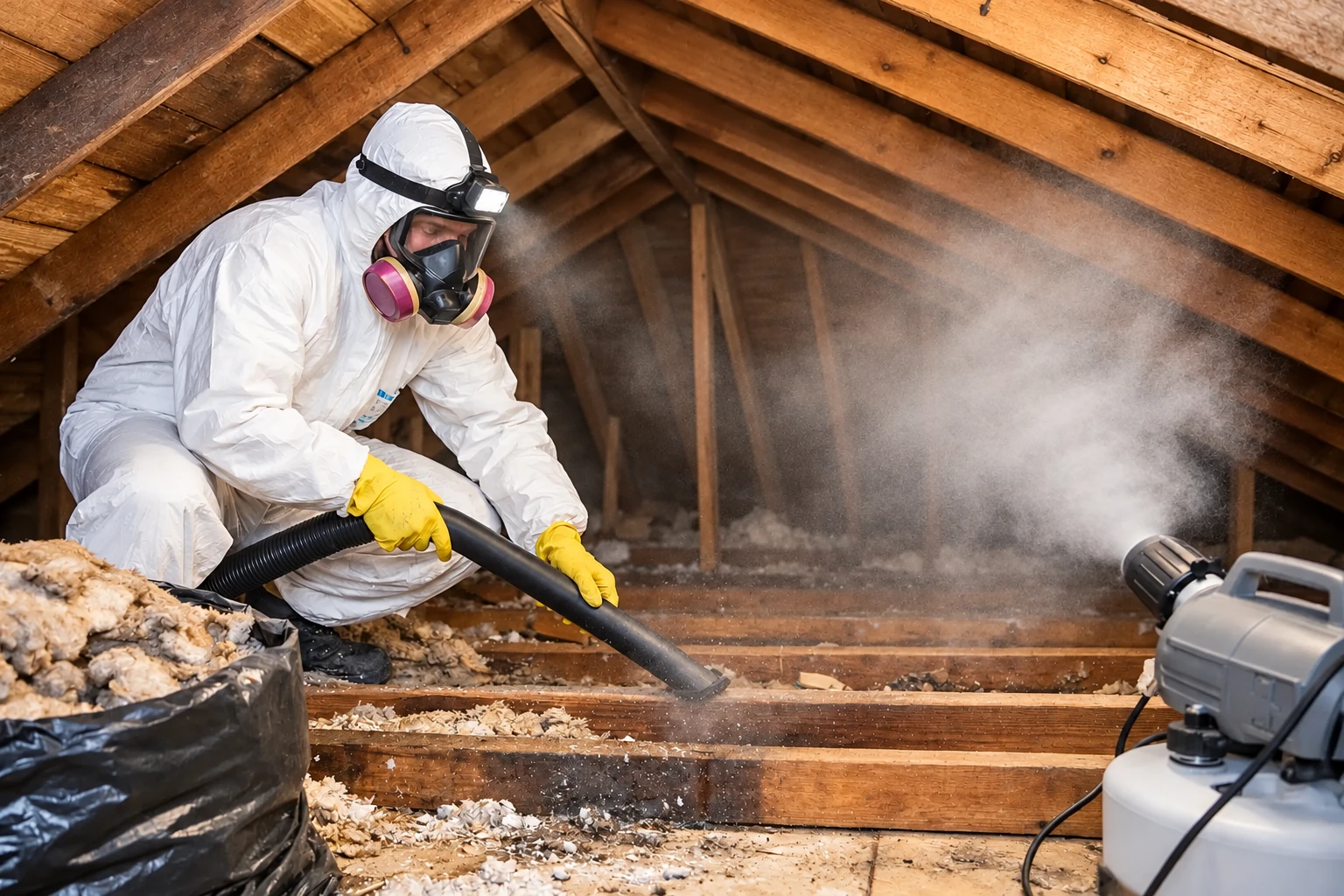 Worker in protective gear vacuums loose attic insulation through a hose as dust fills the rafters.