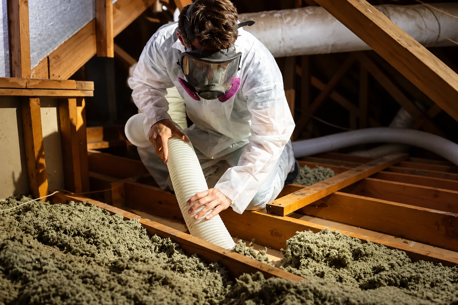 Worker in protective coveralls and a respirator removes loose attic insulation using a large corrugated hose.