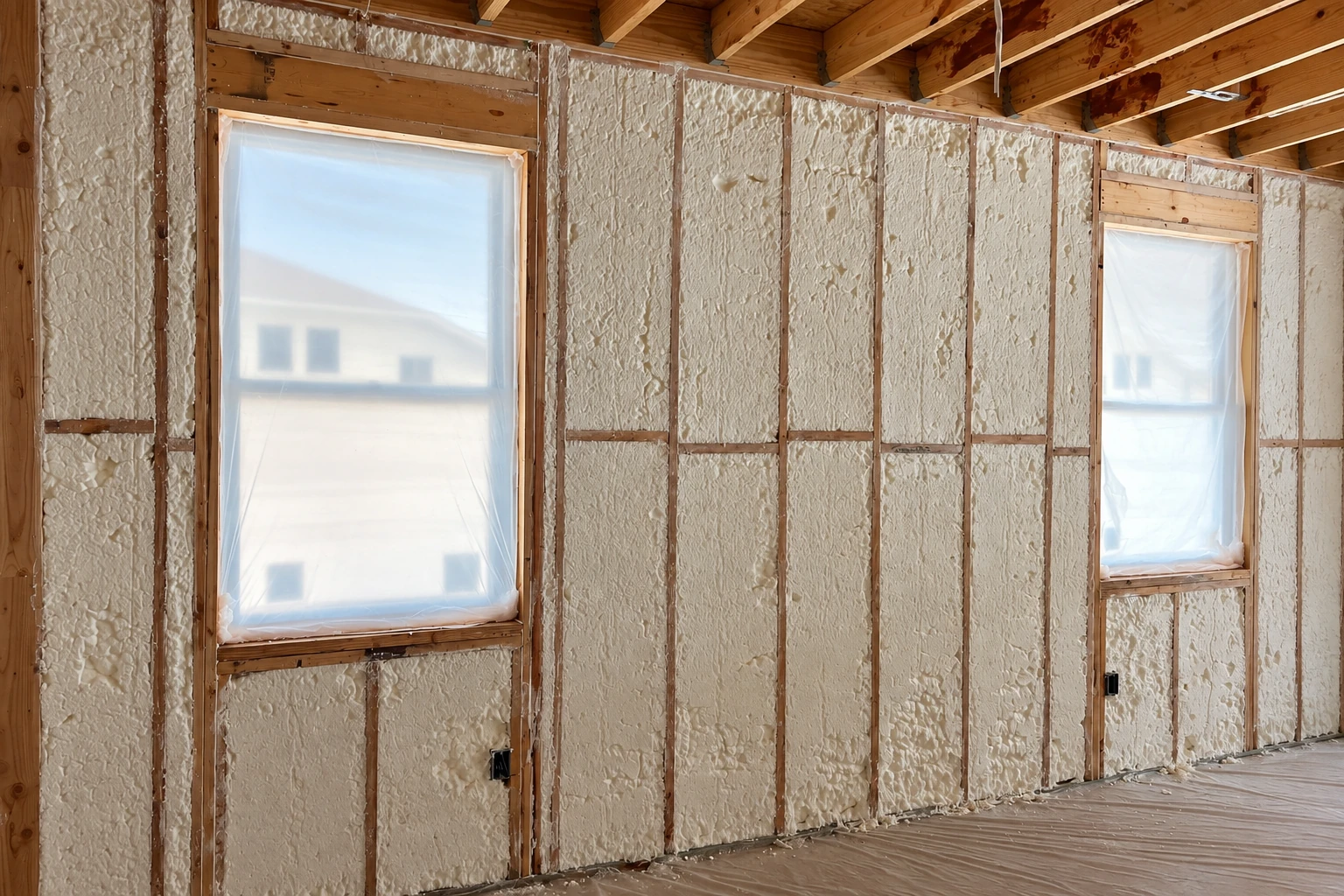Open-cell foam insulation fills the wall cavities of a wood-framed room around two plastic-covered windows.