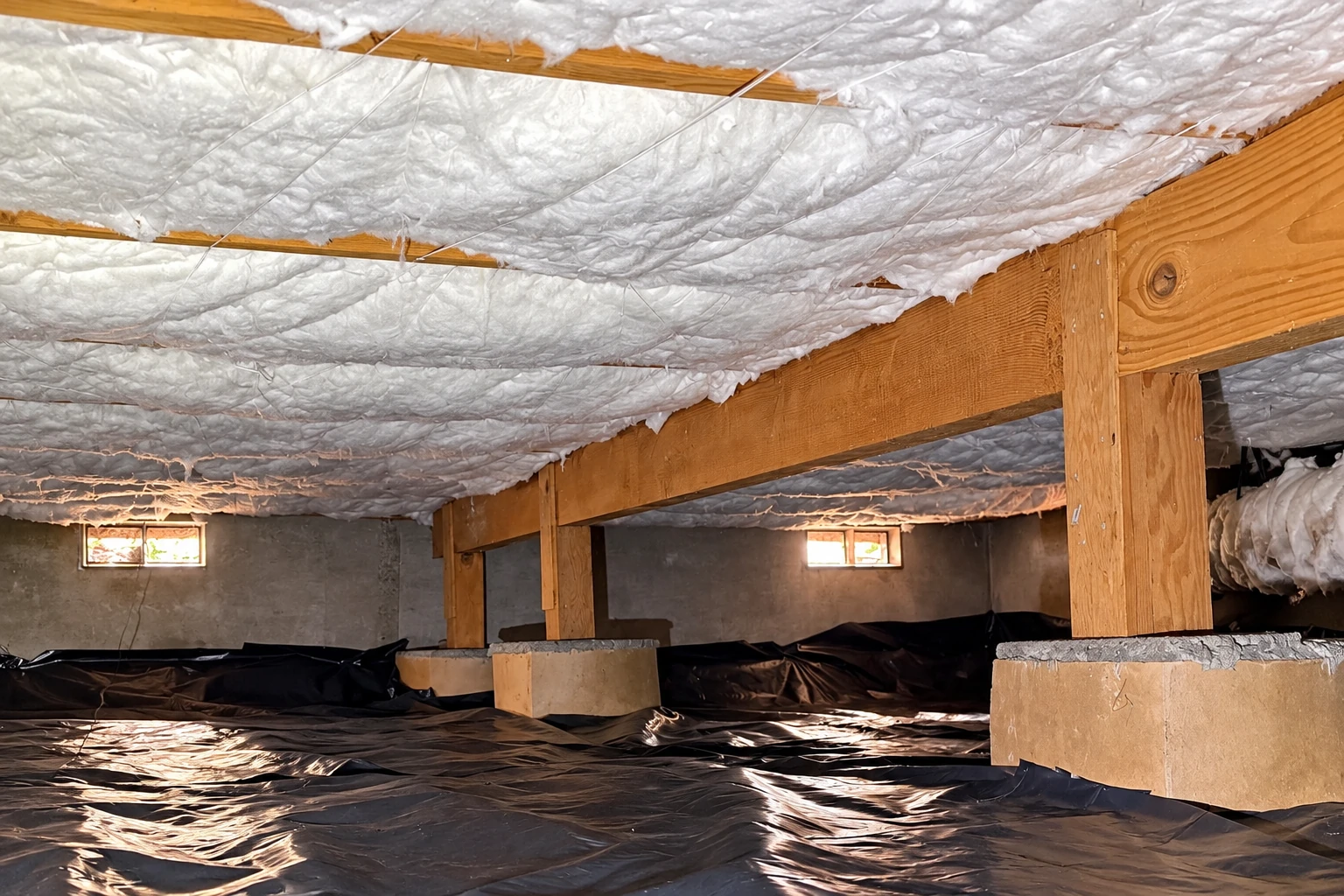 Black vapor-barrier sheeting covers the floor of a crawl space beneath white insulation installed between the ceiling joists.