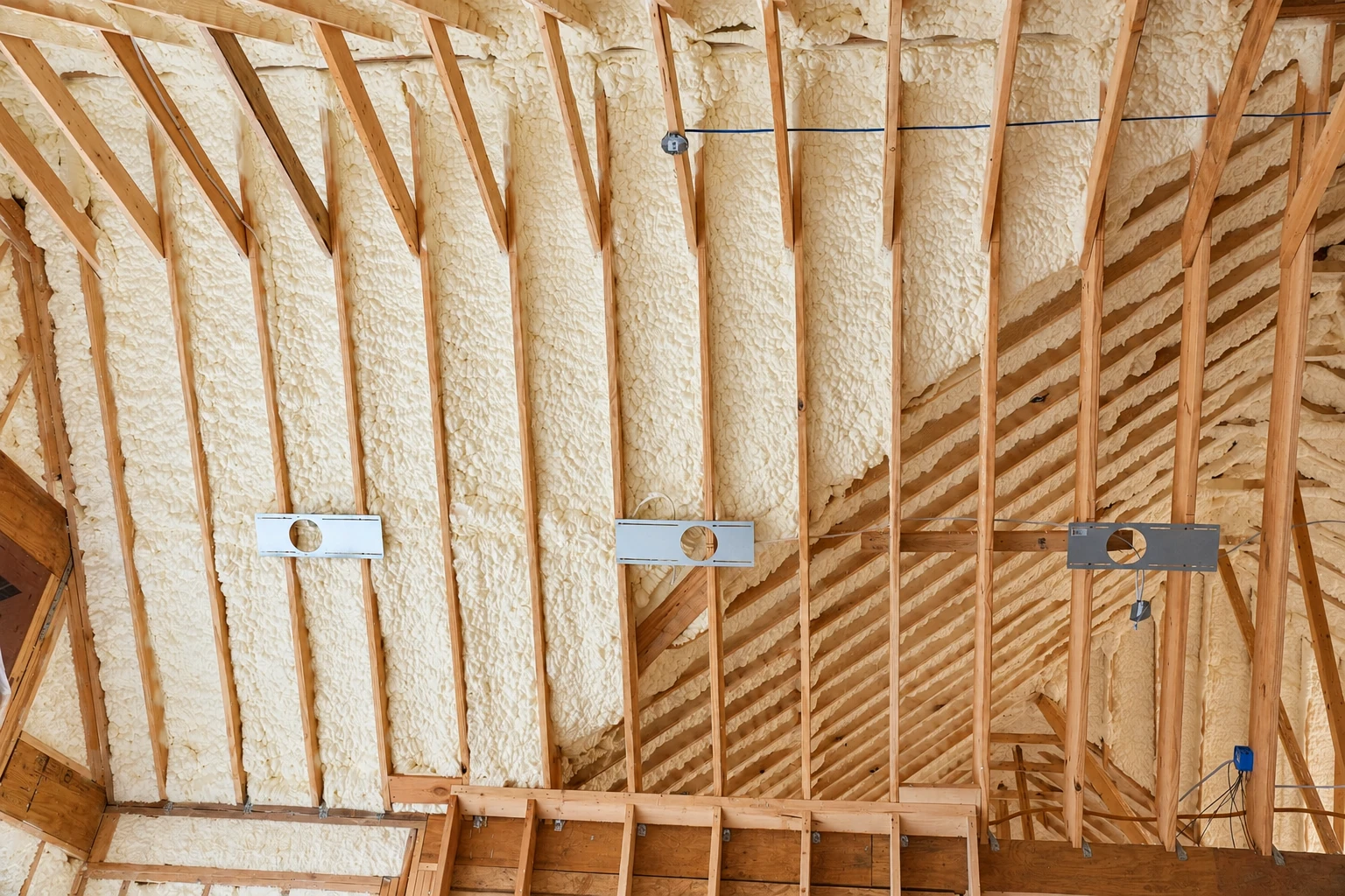 Open wooden wall and roof framing filled with white spray foam insulation.